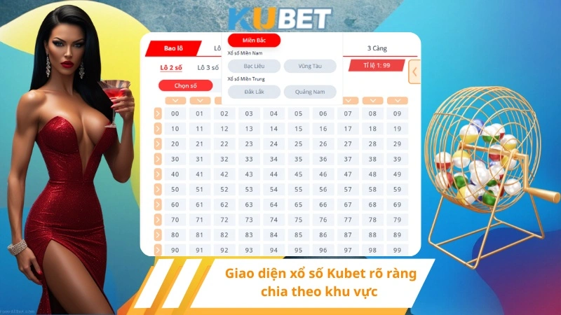 Giao diện xổ số Kubet rõ ràng, chia theo khu vực